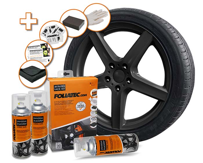 Kit vopsire jante FOLIATEC cu spray 2K cu activator, negru lucios