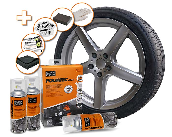Kit vopsire jante FOLIATEC cu spray 2K cu activator, gri gunmetal metalizat lucios